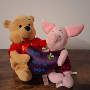 Vintage 1999 Disney Pooh and Piglet Plush Duo Best Friends - Red and Pink